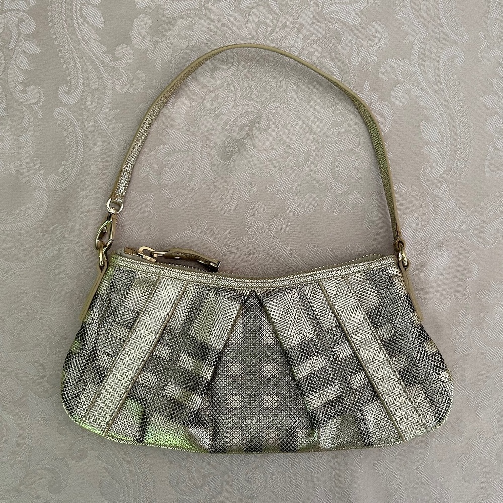 Burberry Gold Perforated Nova Check Leather Baguette Bag